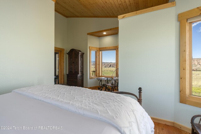 28 Table Top Dr, Dubois, WY 82513 - bedroom with multiple windows, wood finished floors, vaulted ceiling, baseboards, and wooden ceiling