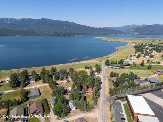 bird's eye view featuring a water and mountain view