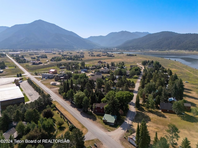 birds eye view of property with a water and mountain view