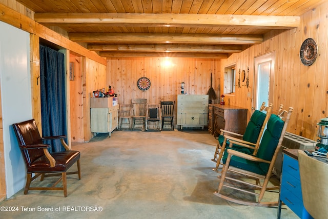 interior space featuring beam ceiling, wooden walls, and wooden ceiling