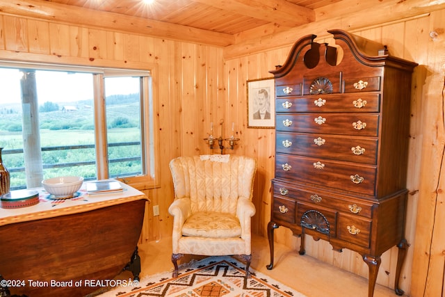 sitting room featuring wooden ceiling, beamed ceiling, and wood walls