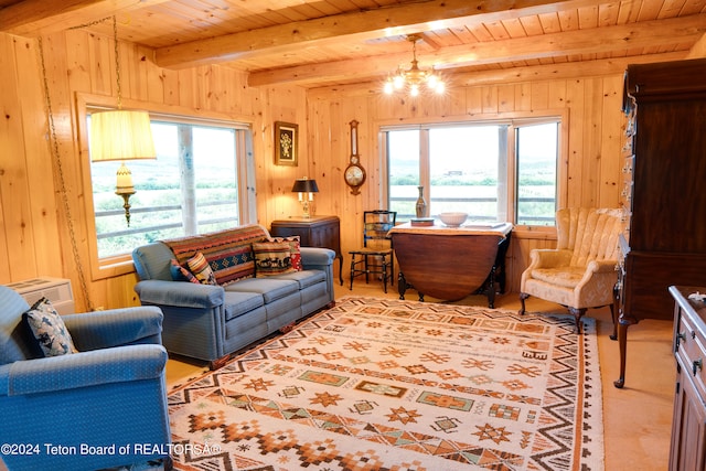 living room featuring wood ceiling, wooden walls, an inviting chandelier, and beamed ceiling