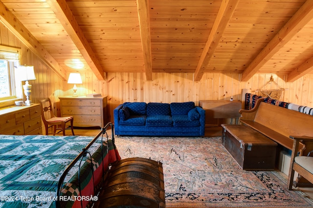 bedroom featuring beamed ceiling, wooden ceiling, and wooden walls