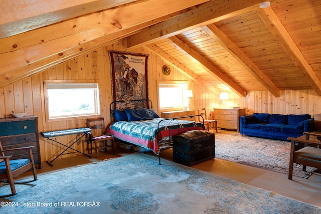 bedroom featuring wood ceiling, wooden walls, and lofted ceiling with beams