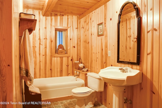 bathroom featuring wood walls, toilet, wooden ceiling, and tile patterned floors