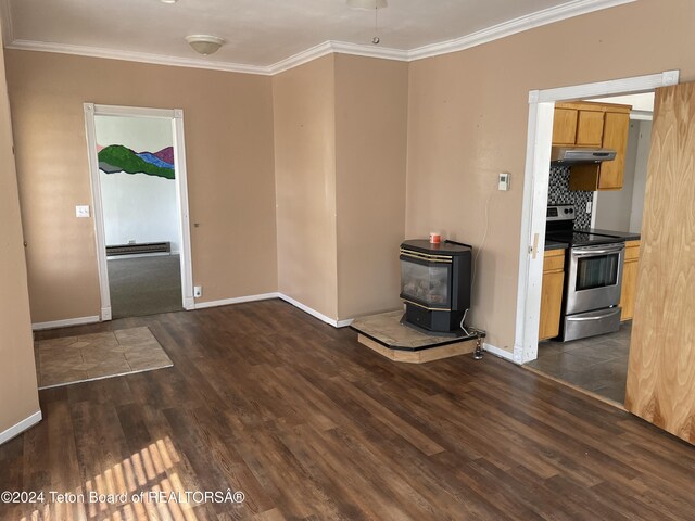 unfurnished living room with a baseboard radiator, ornamental molding, dark hardwood / wood-style floors, and a wood stove