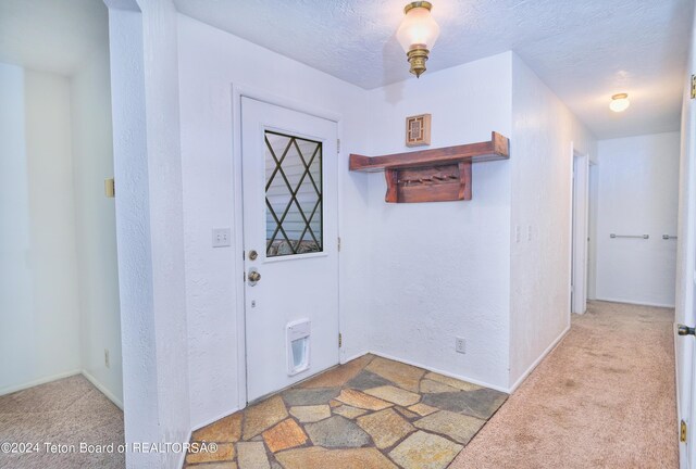 foyer with heating unit, light carpet, and a textured ceiling