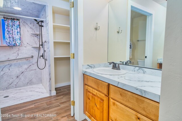 bathroom featuring a shower, hardwood / wood-style floors, toilet, and vanity