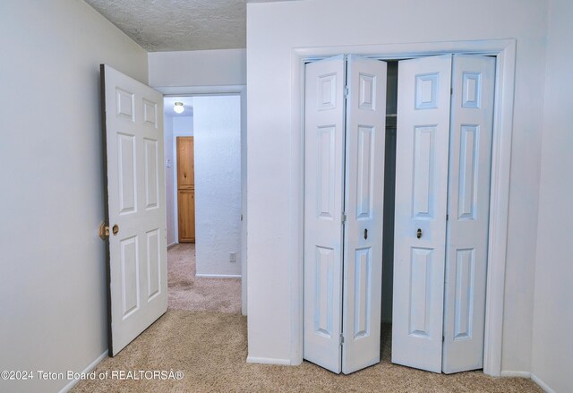 unfurnished bedroom featuring a closet, light carpet, and a textured ceiling