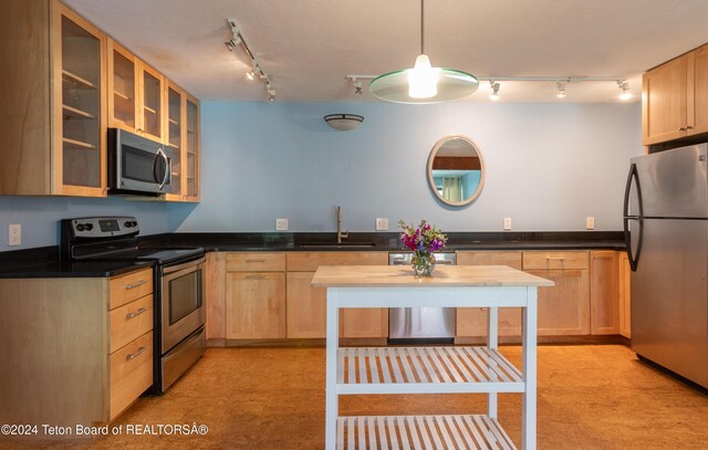 kitchen featuring sink, rail lighting, light brown cabinets, and stainless steel appliances