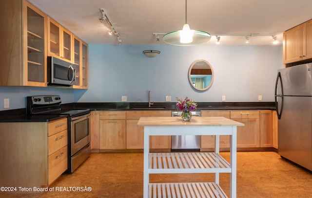 kitchen featuring light brown cabinets, stainless steel appliances, and a sink