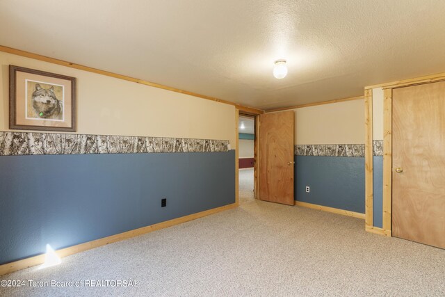 interior space with a textured ceiling and light carpet