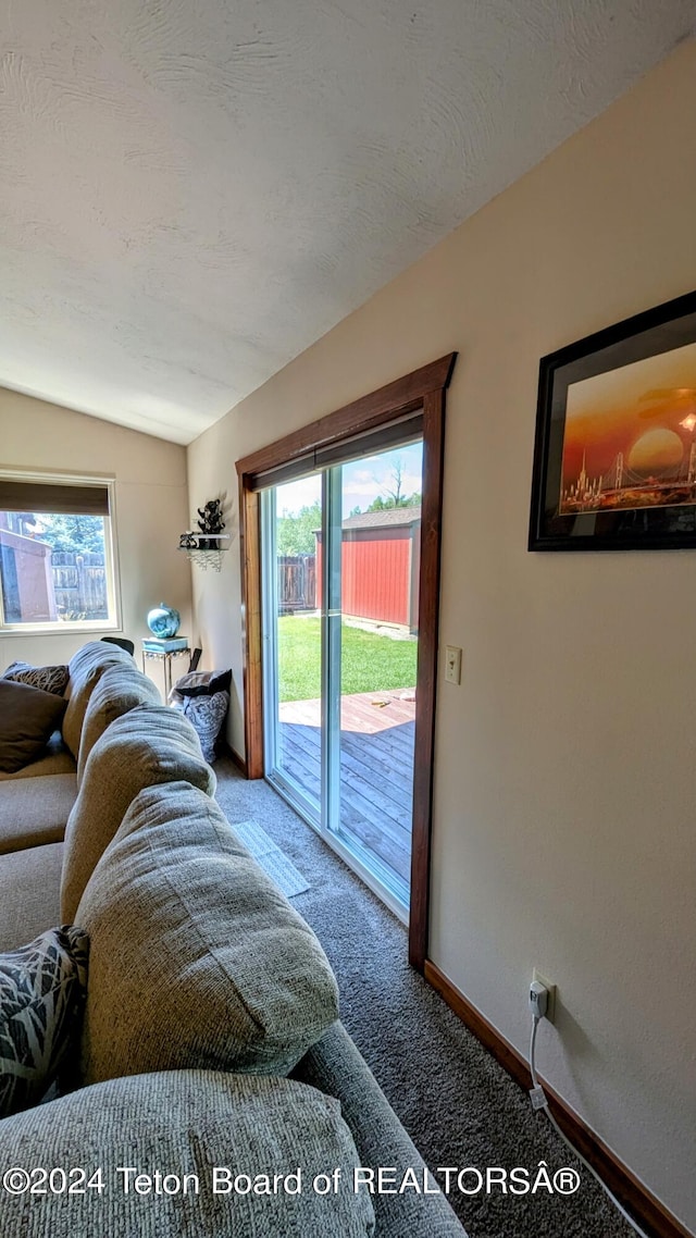 carpeted living room with vaulted ceiling