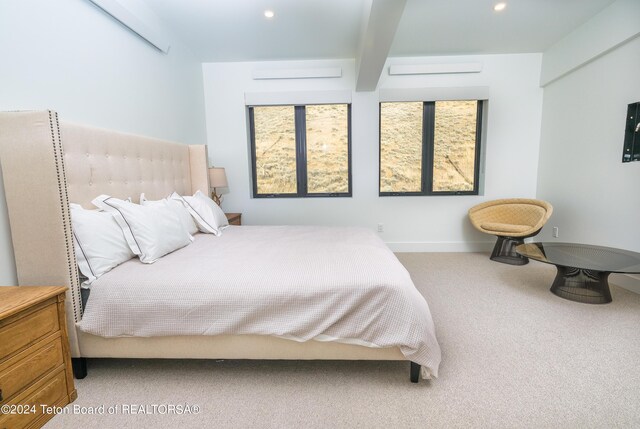 bedroom featuring baseboards, carpet floors, recessed lighting, and beamed ceiling