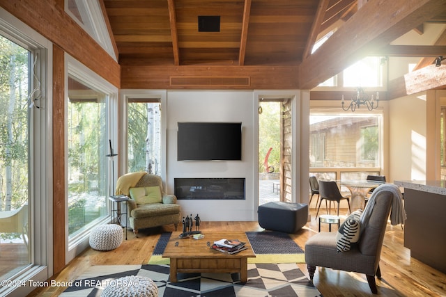 sunroom / solarium featuring wood ceiling, plenty of natural light, and lofted ceiling with beams