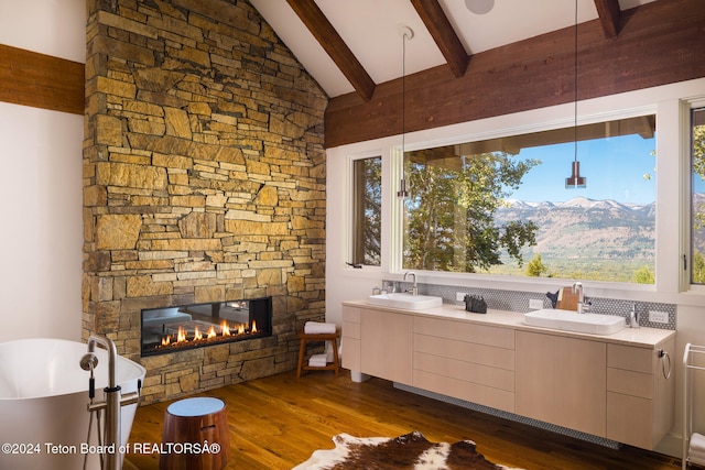 living room featuring dark hardwood / wood-style flooring, sink, a stone fireplace, and a mountain view