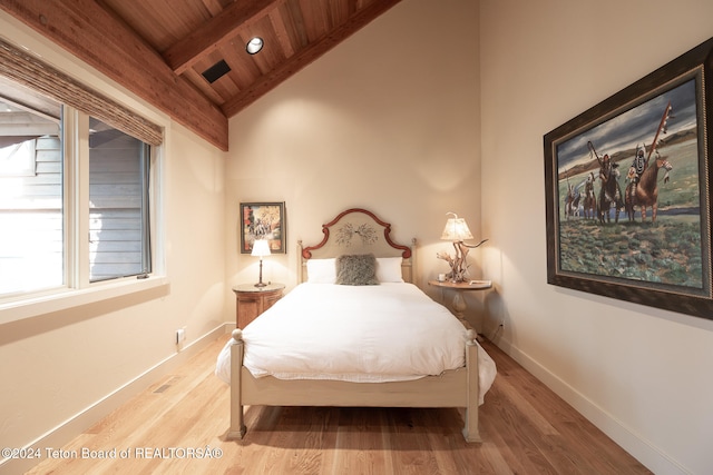 bedroom featuring hardwood / wood-style floors, wood ceiling, and lofted ceiling with beams