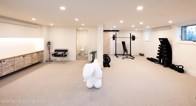 exercise area with light colored carpet