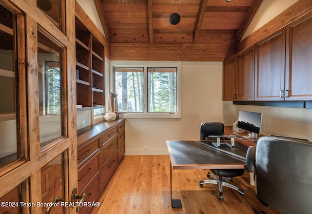 office space featuring vaulted ceiling with beams, wood ceiling, and light hardwood / wood-style flooring