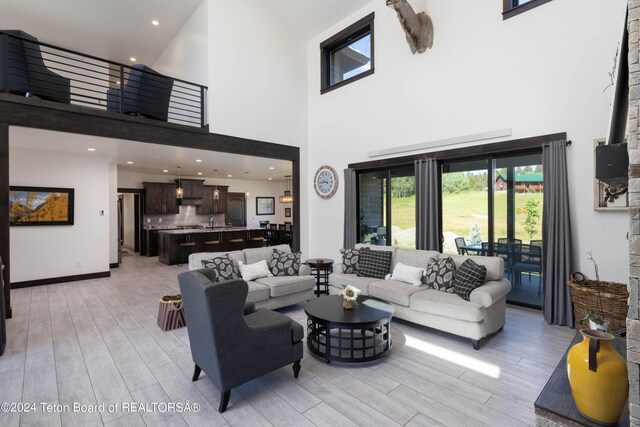 living room featuring light hardwood / wood-style floors and a towering ceiling