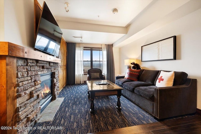 living room with a fireplace and dark hardwood / wood-style floors