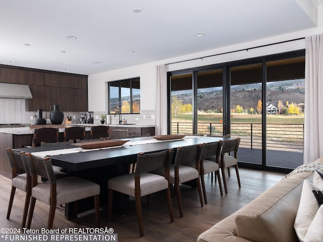 dining area featuring a mountain view, hardwood / wood-style floors, and sink