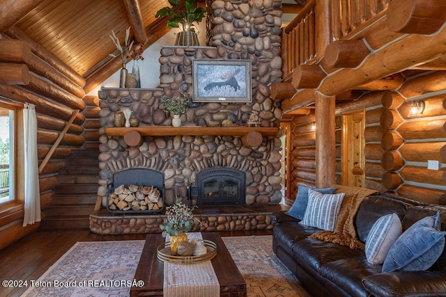 unfurnished living room with wood-type flooring, a fireplace, rustic walls, and wooden ceiling