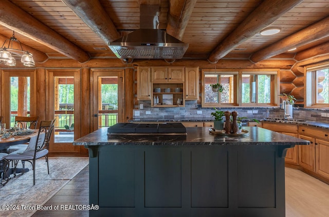 kitchen featuring island exhaust hood, light hardwood / wood-style floors, wooden ceiling, and a center island