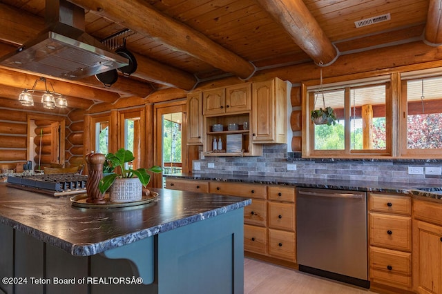 kitchen with dishwasher, backsplash, wooden ceiling, and rustic walls