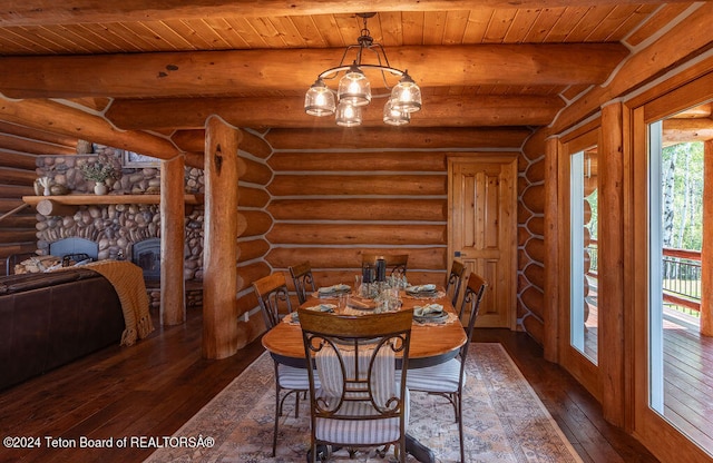 dining area with wood ceiling, beam ceiling, dark hardwood / wood-style flooring, and log walls