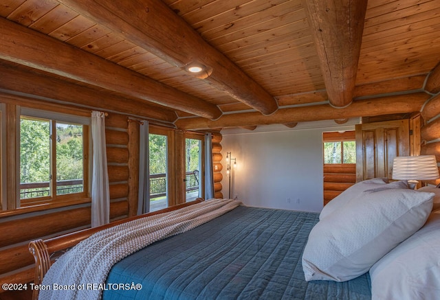 bedroom with log walls, wooden ceiling, beamed ceiling, and multiple windows