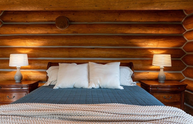 bedroom with rustic walls