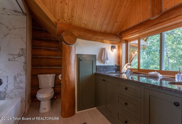 bathroom with wooden ceiling, a bathing tub, vanity, and toilet