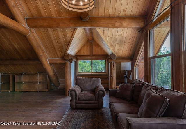 living room featuring vaulted ceiling with beams, wood ceiling, and dark hardwood / wood-style floors