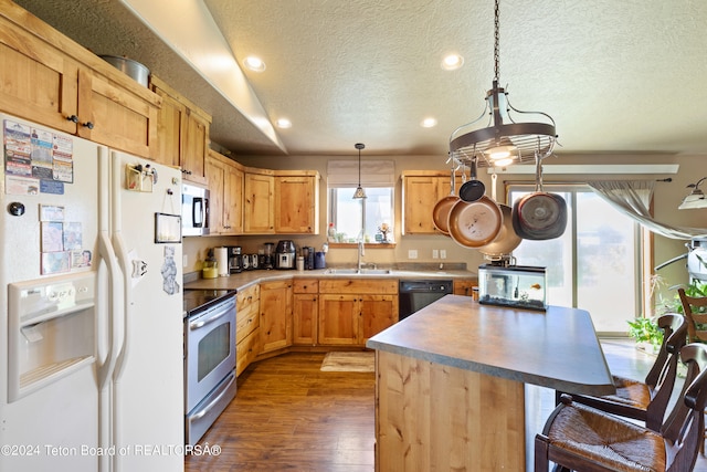 kitchen featuring dark hardwood / wood-style flooring, pendant lighting, stainless steel appliances, a textured ceiling, and sink