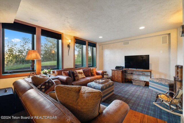 living area featuring visible vents, recessed lighting, a textured ceiling, and carpet floors