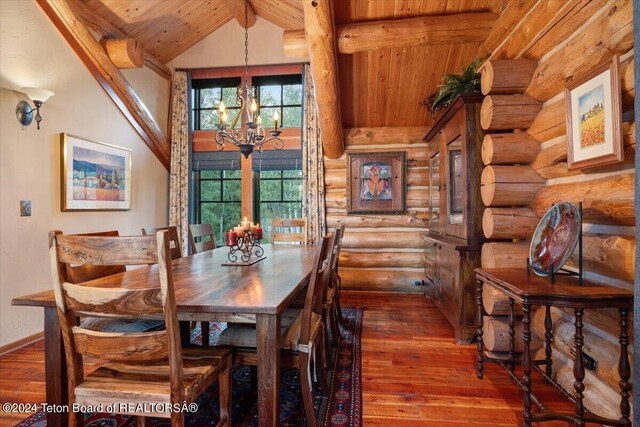 dining area with wooden ceiling, beamed ceiling, a notable chandelier, and high vaulted ceiling