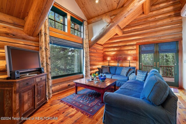 living room featuring plenty of natural light, wooden ceiling, high vaulted ceiling, and light wood-type flooring