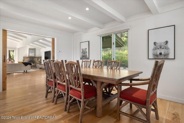3705 W Mccollister Dr, Teton Village, WY 83025 - dining area with light wood-style flooring, baseboards, beamed ceiling, and recessed lighting