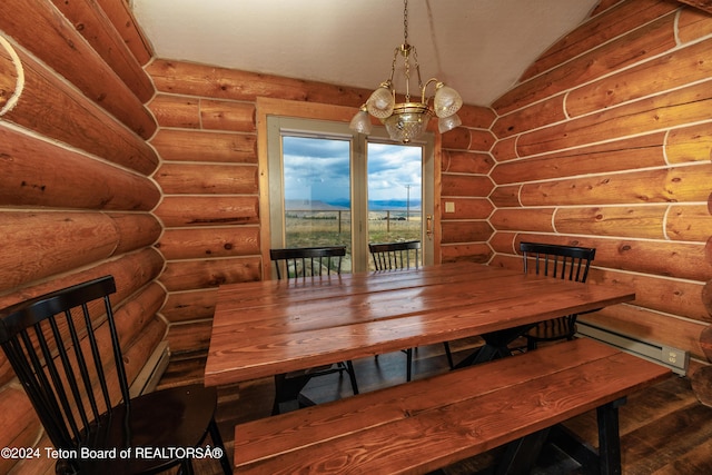 dining room featuring wood finished floors, log walls, lofted ceiling, a baseboard heating unit, and a chandelier