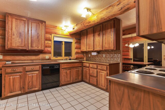 kitchen featuring a textured ceiling, black dishwasher, light tile patterned floors, sink, and rustic walls