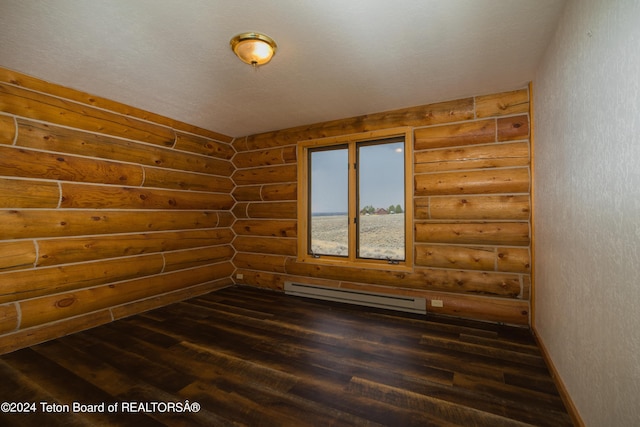 spare room featuring a baseboard heating unit, baseboards, vaulted ceiling, log walls, and dark wood-style flooring