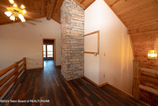 interior space featuring wooden ceiling, high vaulted ceiling, hardwood / wood-style floors, and beam ceiling