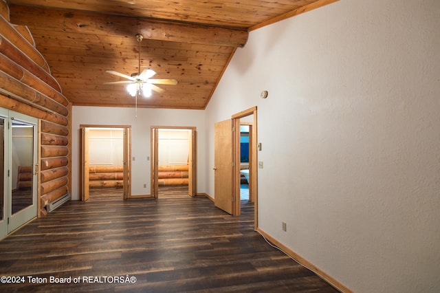 empty room featuring ceiling fan, dark hardwood / wood-style flooring, wooden ceiling, and vaulted ceiling