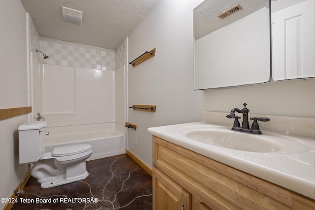 full bathroom with shower / tub combination, a textured ceiling, vanity, and toilet