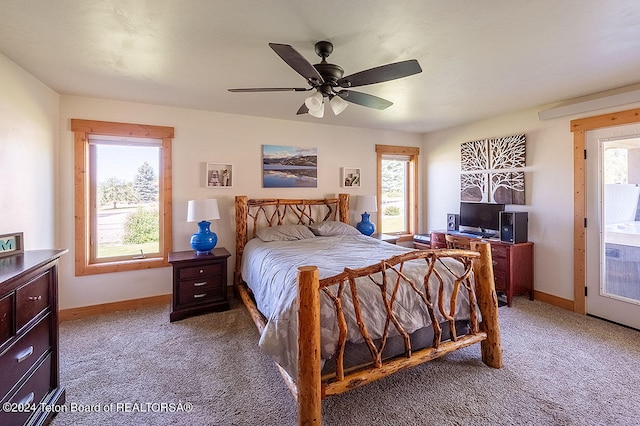 bedroom featuring ceiling fan, access to outside, and carpet floors