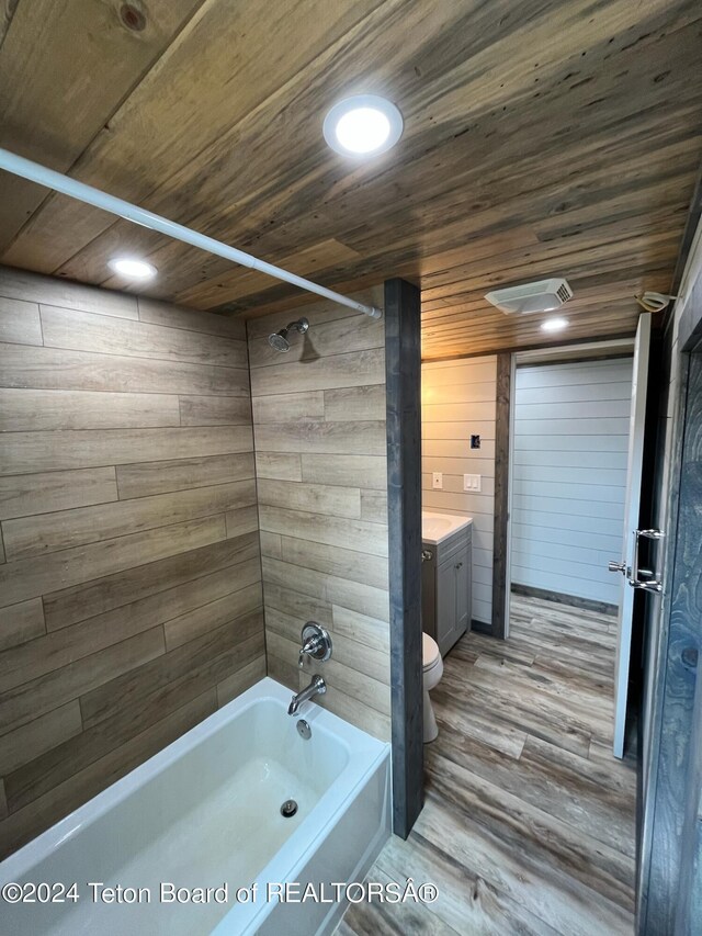 full bathroom featuring wooden ceiling, toilet, shower / bath combination, wood-type flooring, and vanity