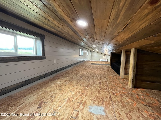 interior space featuring wood ceiling, wooden walls, and a fireplace