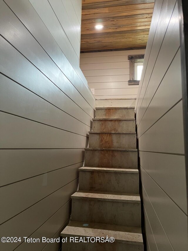 staircase featuring wood walls and wooden ceiling