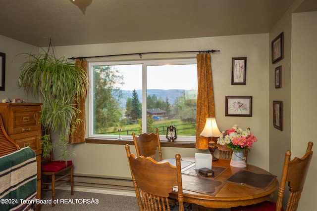 dining space with a baseboard radiator and carpet floors